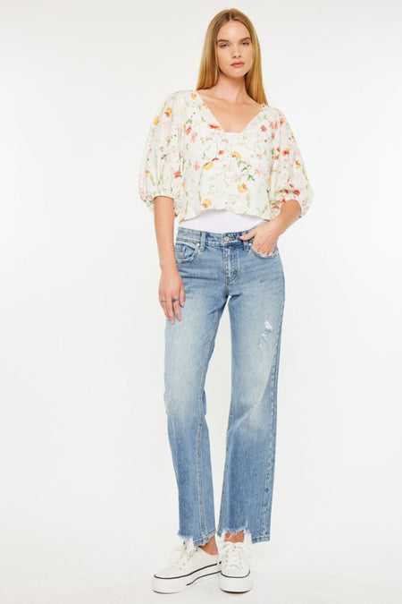 Kancan Mid Rise Frayed Hem Straight Jeans - S. M. & Co.