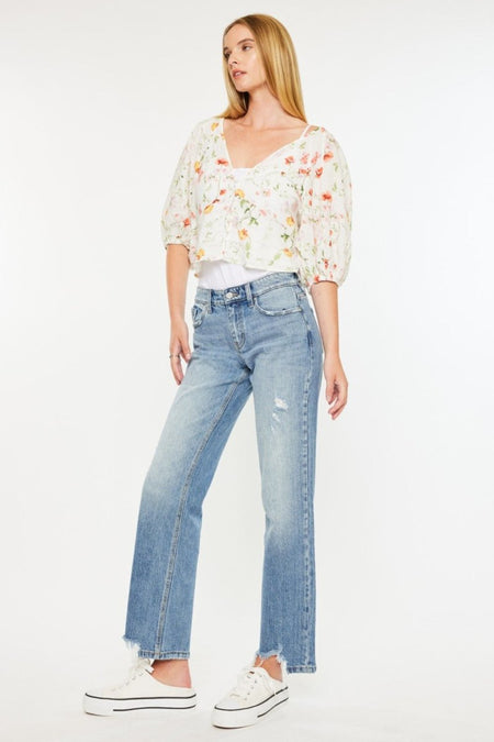 Kancan Mid Rise Frayed Hem Straight Jeans - S. M. & Co.