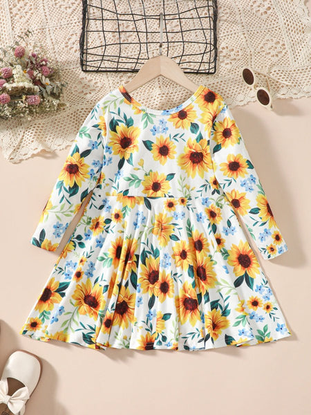 Kids Sunflower Print Round Neck Long Sleeve Dress - S. M. & Co.