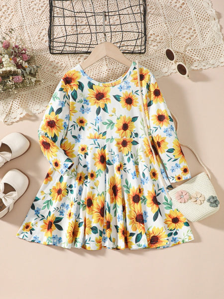 Kids Sunflower Print Round Neck Long Sleeve Dress - S. M. & Co.