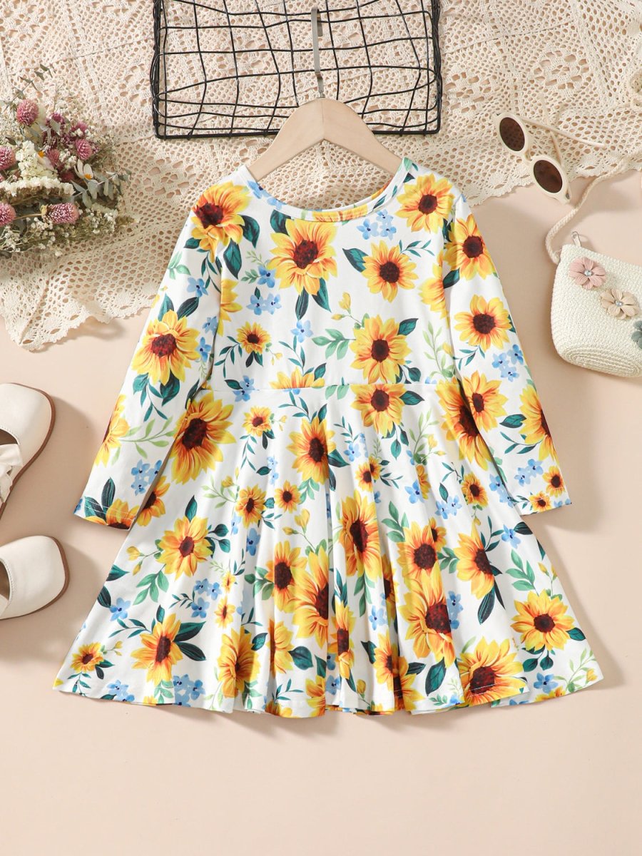 Kids Sunflower Print Round Neck Long Sleeve Dress - S. M. & Co.