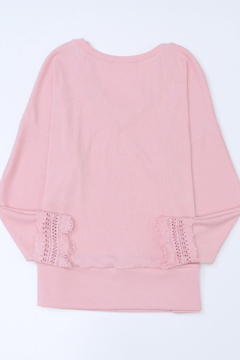 Lace Detail V - Neck Long Sleeve T-Shirt - S. M. & Co.