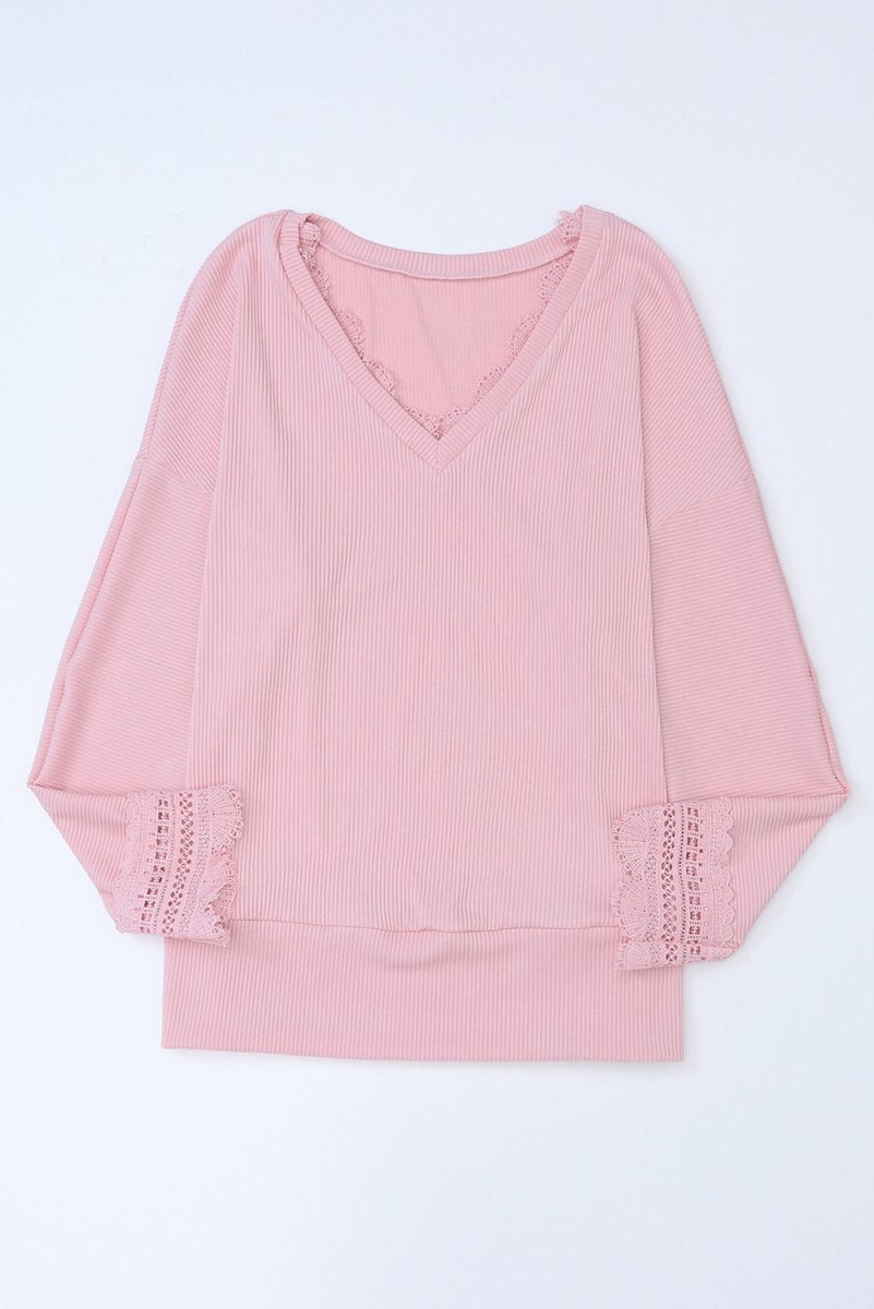 Lace Detail V - Neck Long Sleeve T-Shirt - S. M. & Co.