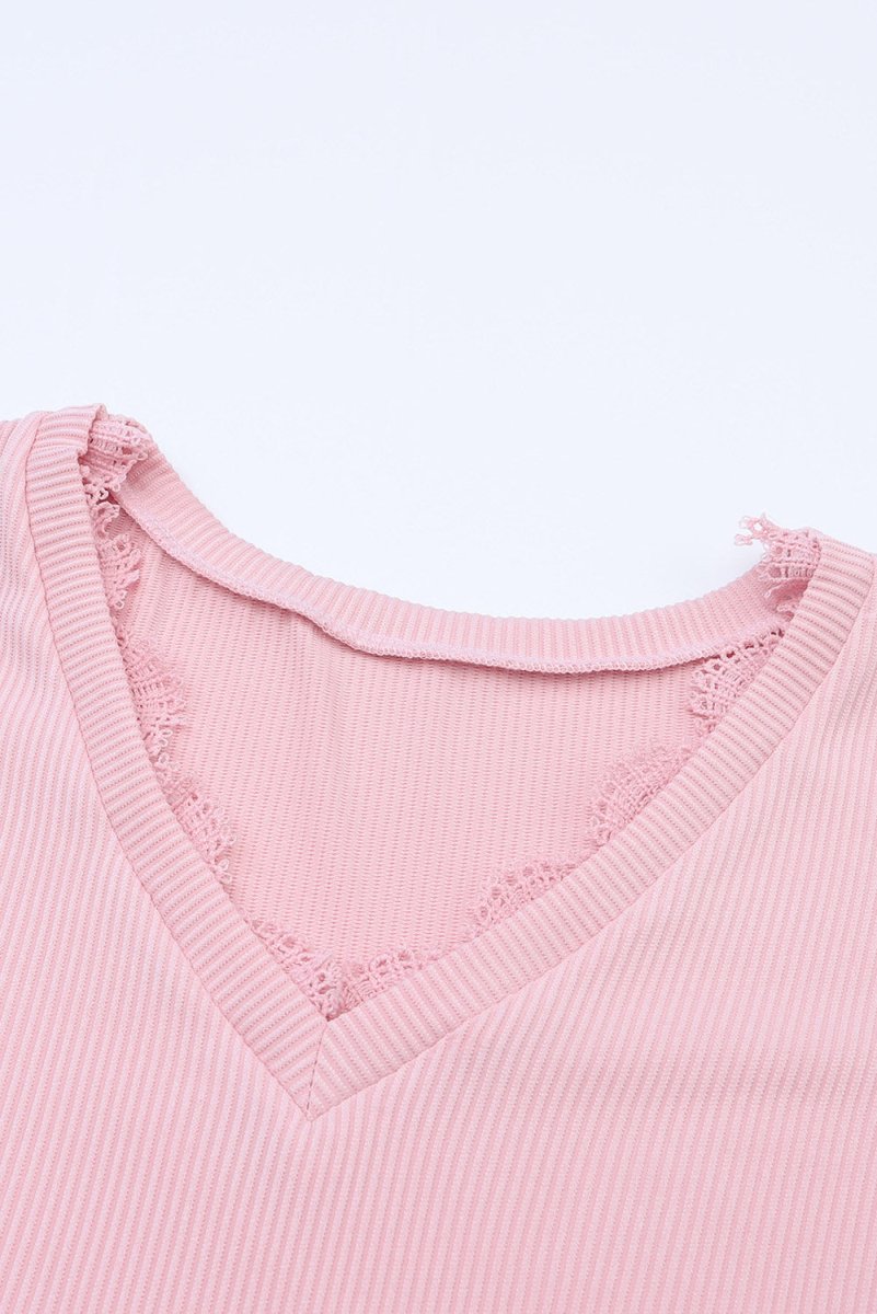 Lace Detail V - Neck Long Sleeve T-Shirt - S. M. & Co.