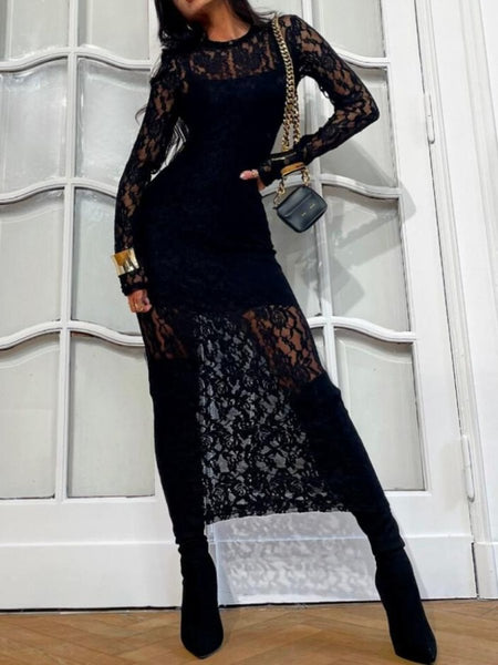 Lace Round Neck Long Sleeve Midi Dress - S. M. & Co.