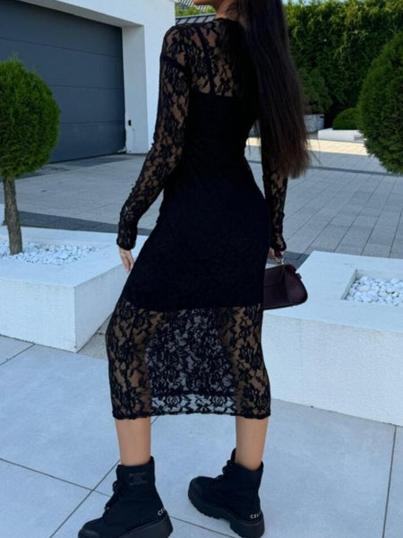 Lace Round Neck Long Sleeve Midi Dress - S. M. & Co.