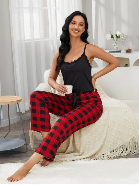 Lace Trim Cami and Plaid Pants Lounge Set - S. M. & Co.