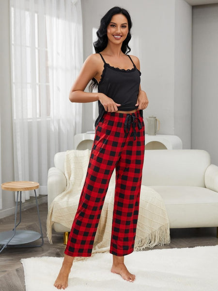 Lace Trim Cami and Plaid Pants Lounge Set - S. M. & Co.