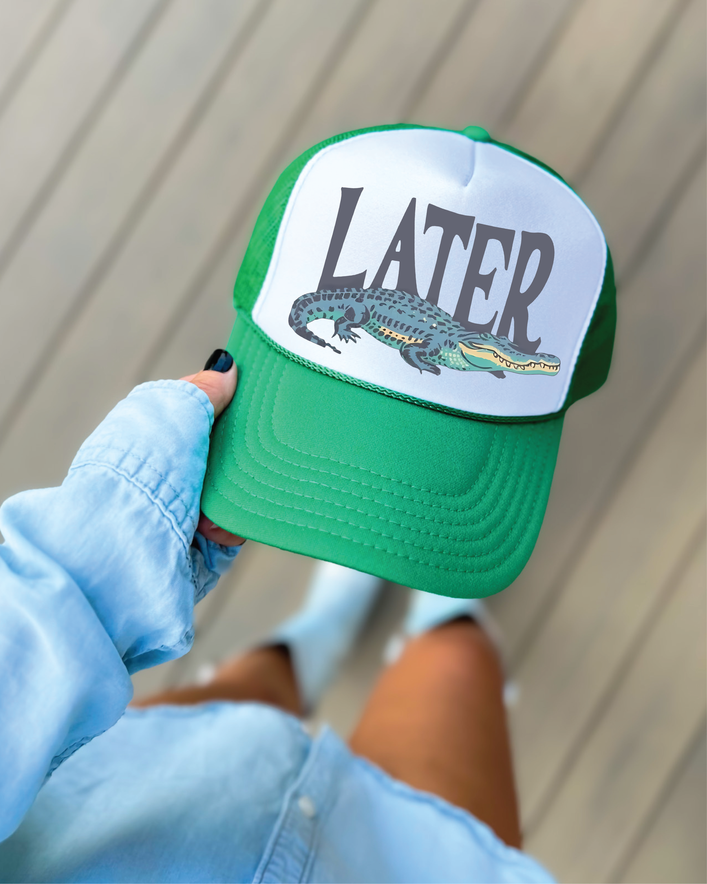 Later Gator DTF Printed Green and White Trucker Hat