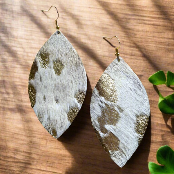 Leather Oval Earrings - Cream and Gold Hair on Hide - S. M. & Co.