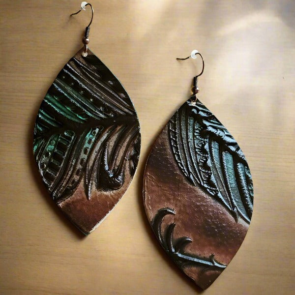 Leather Oval Earrings in Tan/Turquoise Feathers - S. M. & Co.