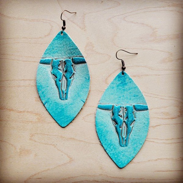 Leather Oval Earrings in Turquoise Steer w/ Turq - S. M. & Co.