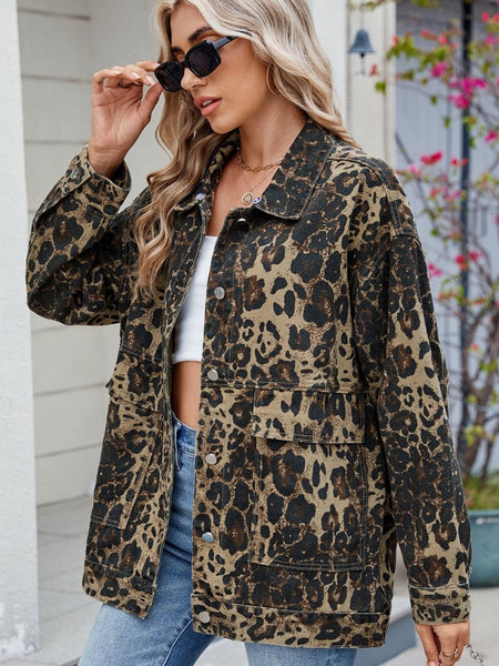 Leopard Button Up Drop Shoulder Denim Jacket - S. M. & Co.