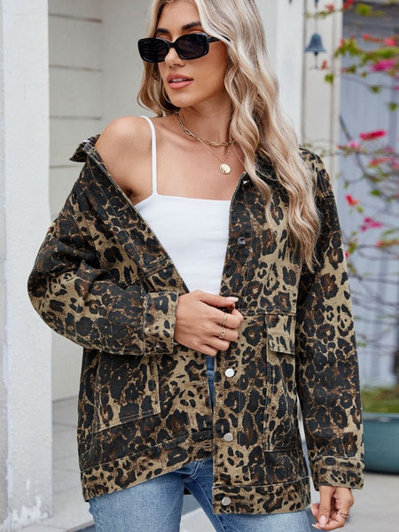 Leopard Button Up Drop Shoulder Denim Jacket - S. M. & Co.