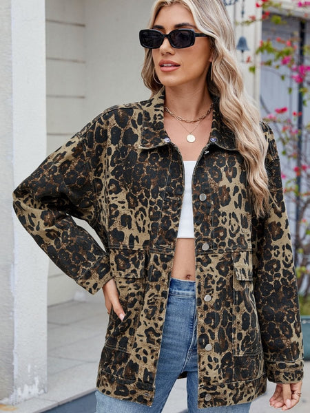 Leopard Button Up Drop Shoulder Denim Jacket - S. M. & Co.