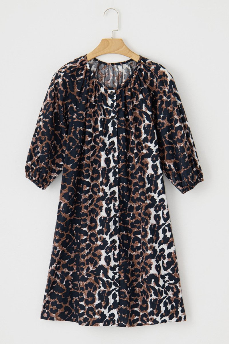 Leopard Button Up Half Sleeve Mini Dress - S. M. & Co.