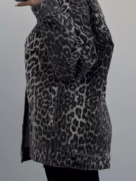 Leopard Button Up Long Sleeve Denim Top - S. M. & Co.