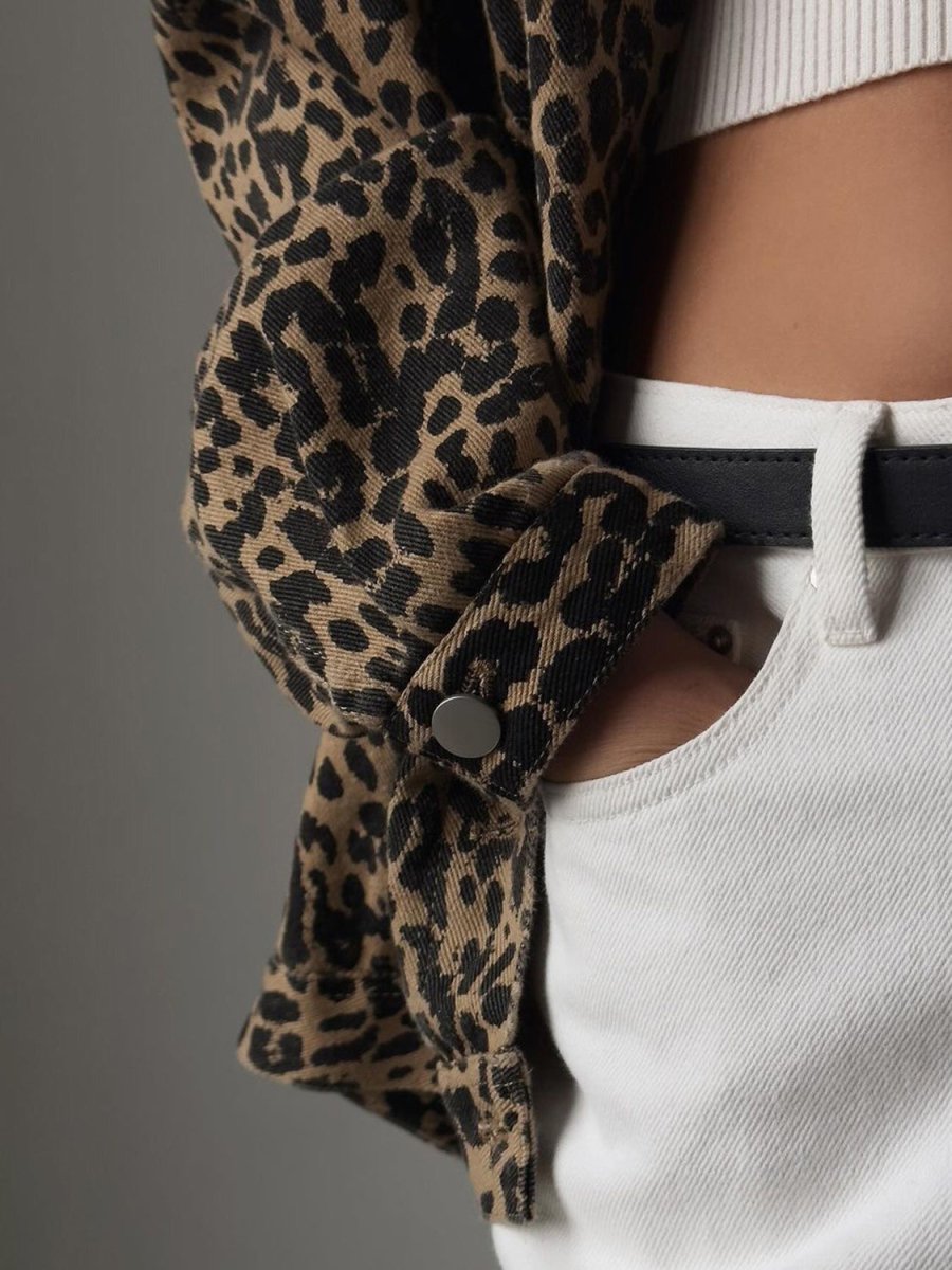 Leopard Button Up Long Sleeve Denim Top - S. M. & Co.