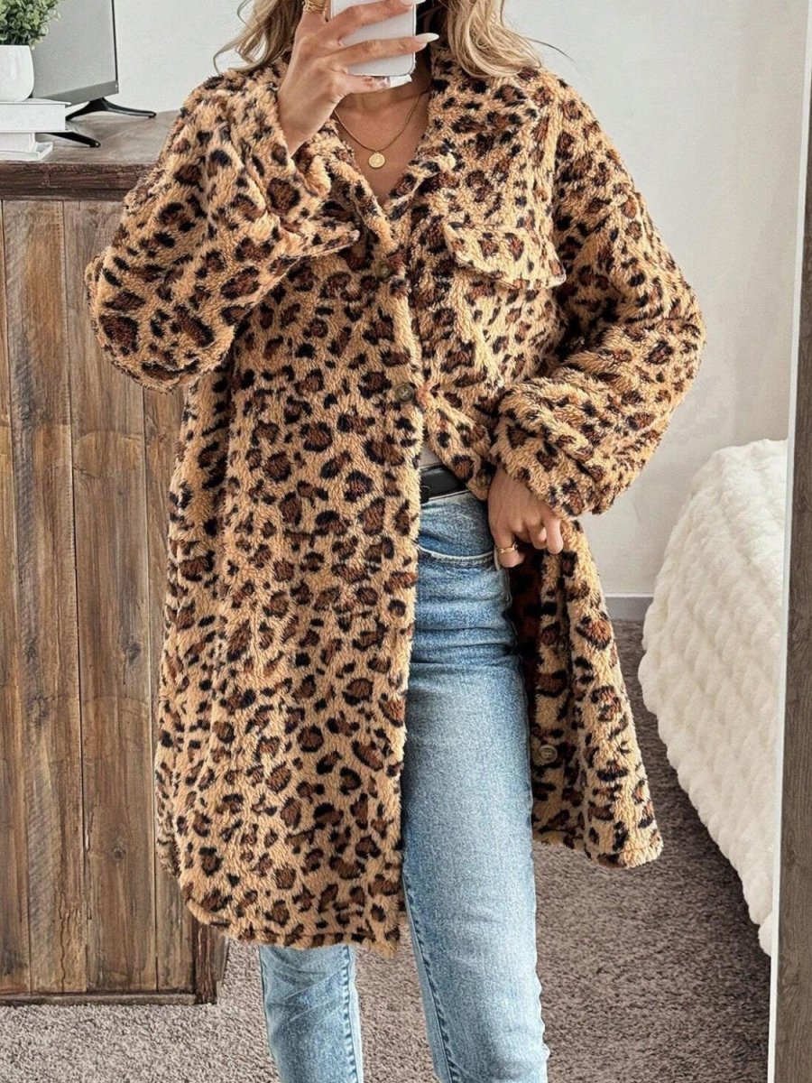 Leopard Button Up Long Sleeve Fuzzy Coat - S. M. & Co.