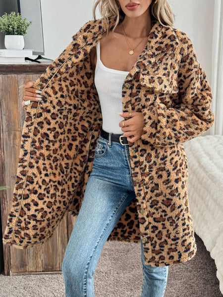 Leopard Button Up Long Sleeve Fuzzy Coat - S. M. & Co.