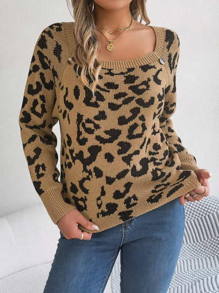 Leopard Buttoned Square Neck Sweater - S. M. & Co.