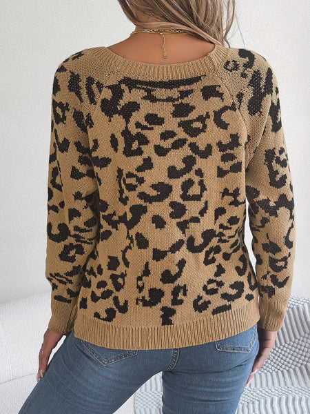 Leopard Buttoned Square Neck Sweater - S. M. & Co.