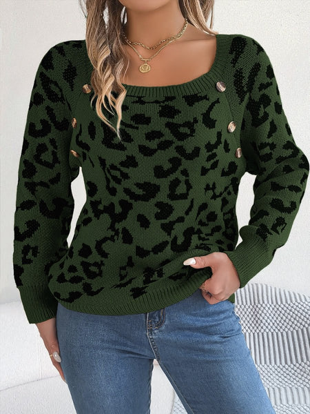 Leopard Buttoned Square Neck Sweater - S. M. & Co.