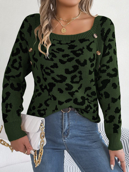 Leopard Buttoned Square Neck Sweater - S. M. & Co.