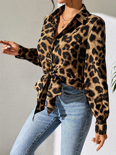 Leopard Collared Neck Long Sleeve Shirt - S. M. & Co.