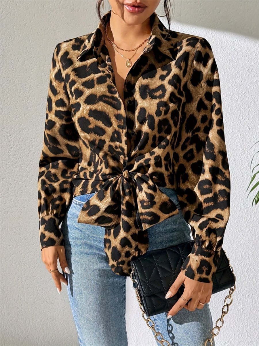 Leopard Collared Neck Long Sleeve Shirt - S. M. & Co.