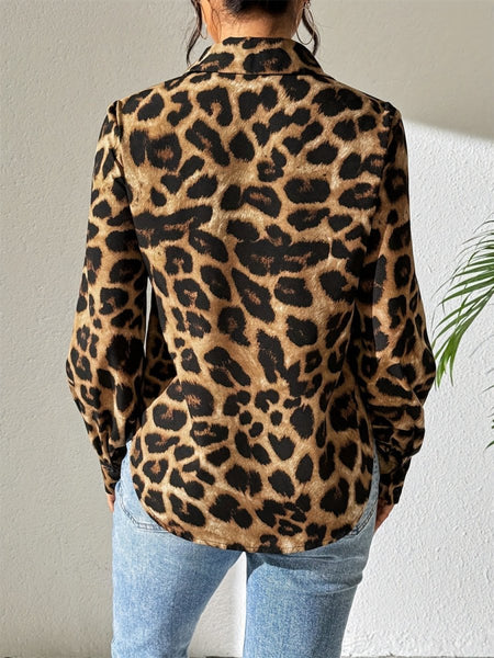 Leopard Collared Neck Long Sleeve Shirt - S. M. & Co.