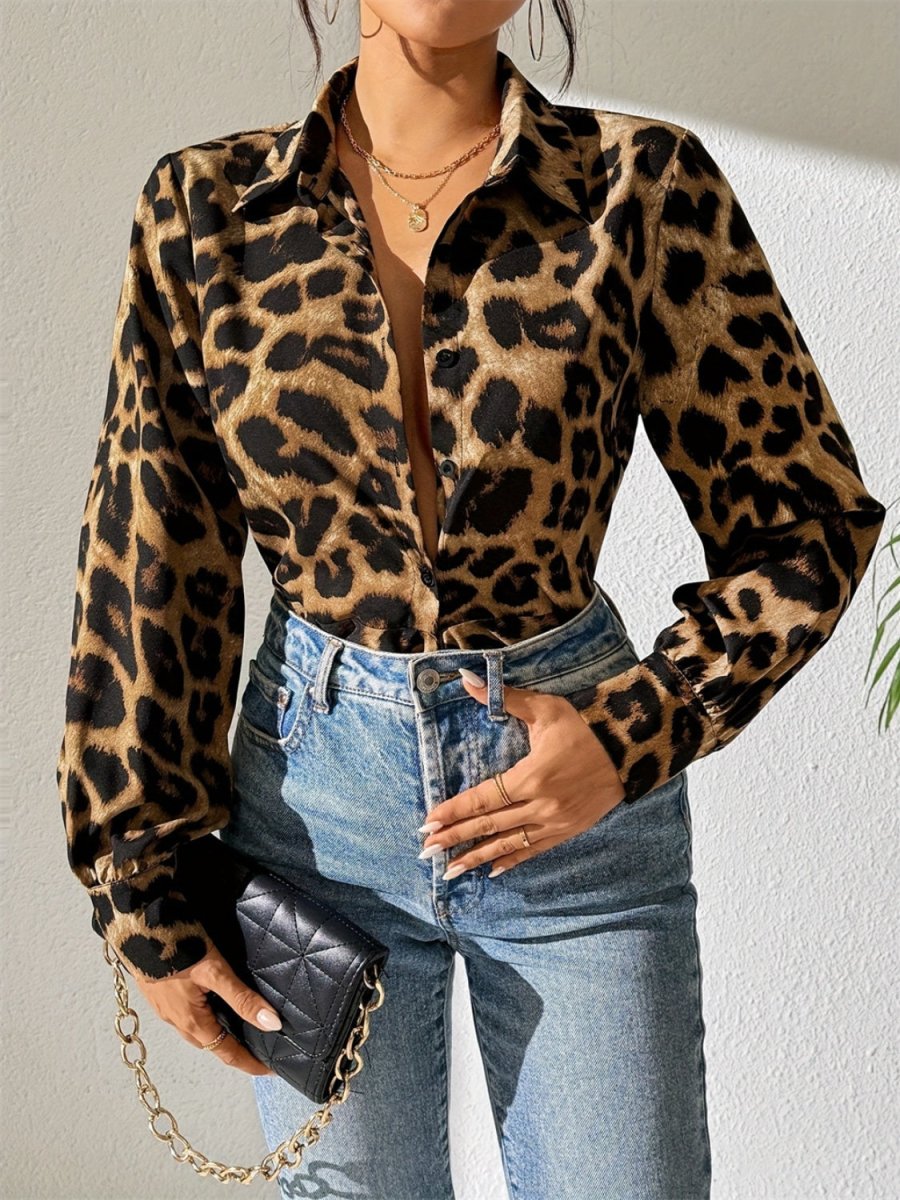 Leopard Collared Neck Long Sleeve Shirt - S. M. & Co.