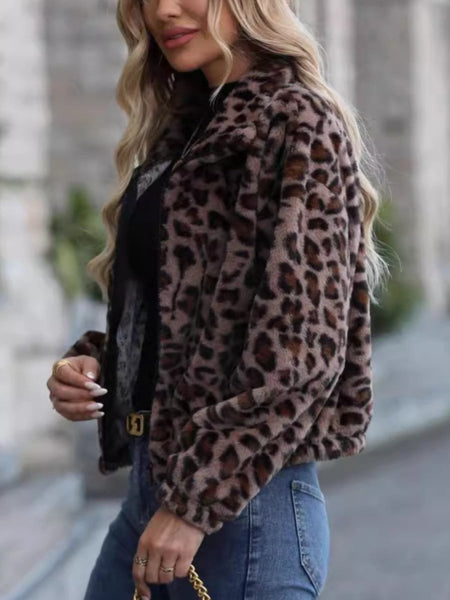 Leopard Collared Neck Zip Up Jacket - S. M. & Co.