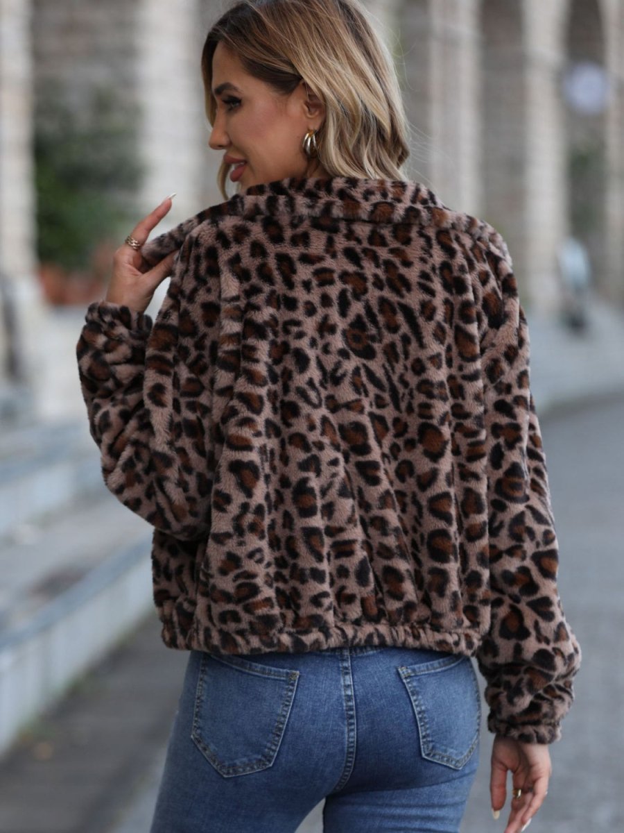 Leopard Collared Neck Zip Up Jacket - S. M. & Co.