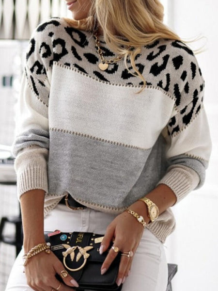 Leopard Color Block Round Neck Long Sleeve Sweater - S. M. & Co.