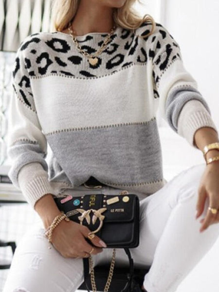 Leopard Color Block Round Neck Long Sleeve Sweater - S. M. & Co.