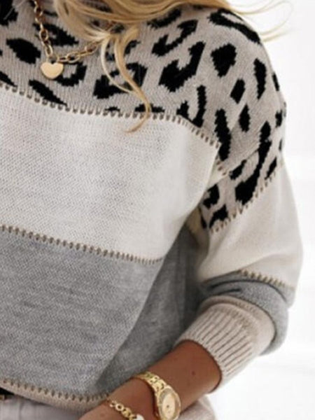 Leopard Color Block Round Neck Long Sleeve Sweater - S. M. & Co.