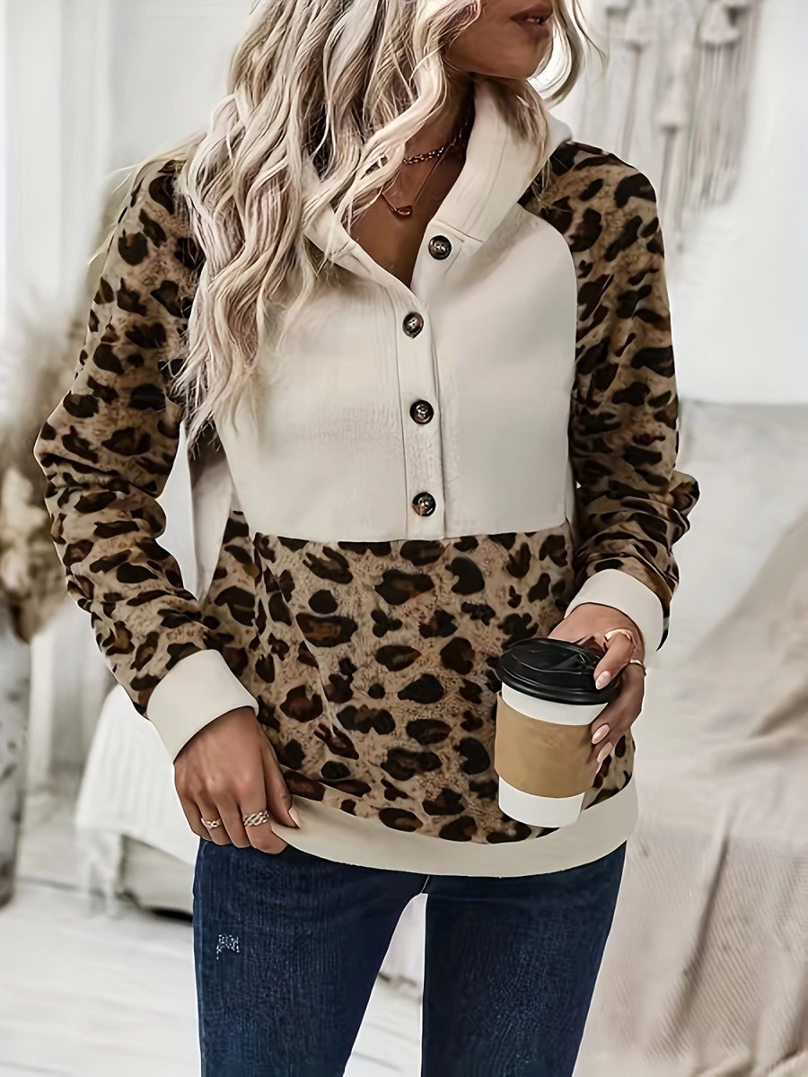 Leopard Half Button Long Sleeve Hoodie - S. M. & Co.