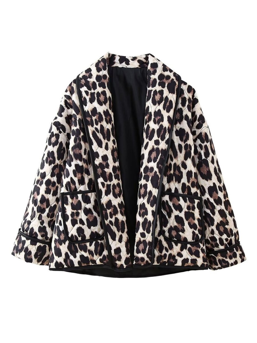 Leopard Open Front Long Sleeve Outerwear - S. M. & Co.