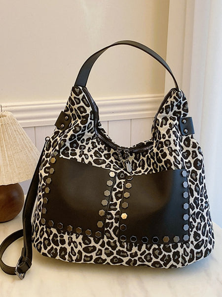 Leopard Polyester Shoulder Bag with Zippers - S. M. & Co.