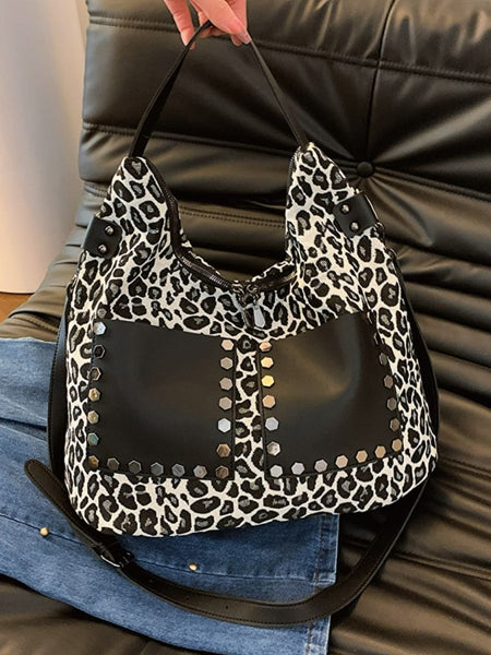 Leopard Polyester Shoulder Bag with Zippers - S. M. & Co.