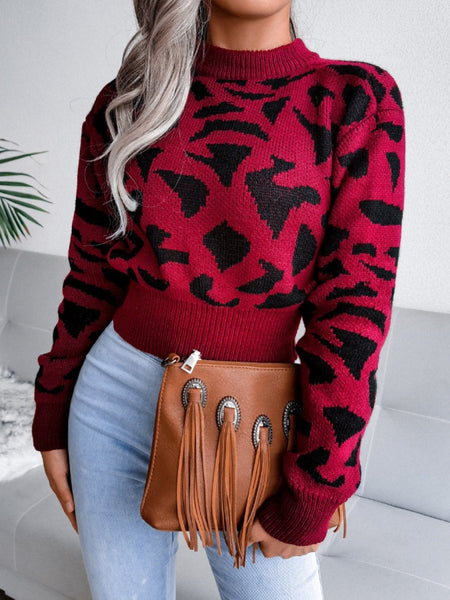 Leopard Round Neck Dropped Shoulder Sweater - S. M. & Co.