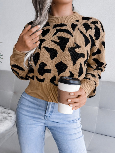 Leopard Round Neck Dropped Shoulder Sweater - S. M. & Co.