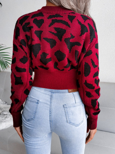 Leopard Round Neck Dropped Shoulder Sweater - S. M. & Co.