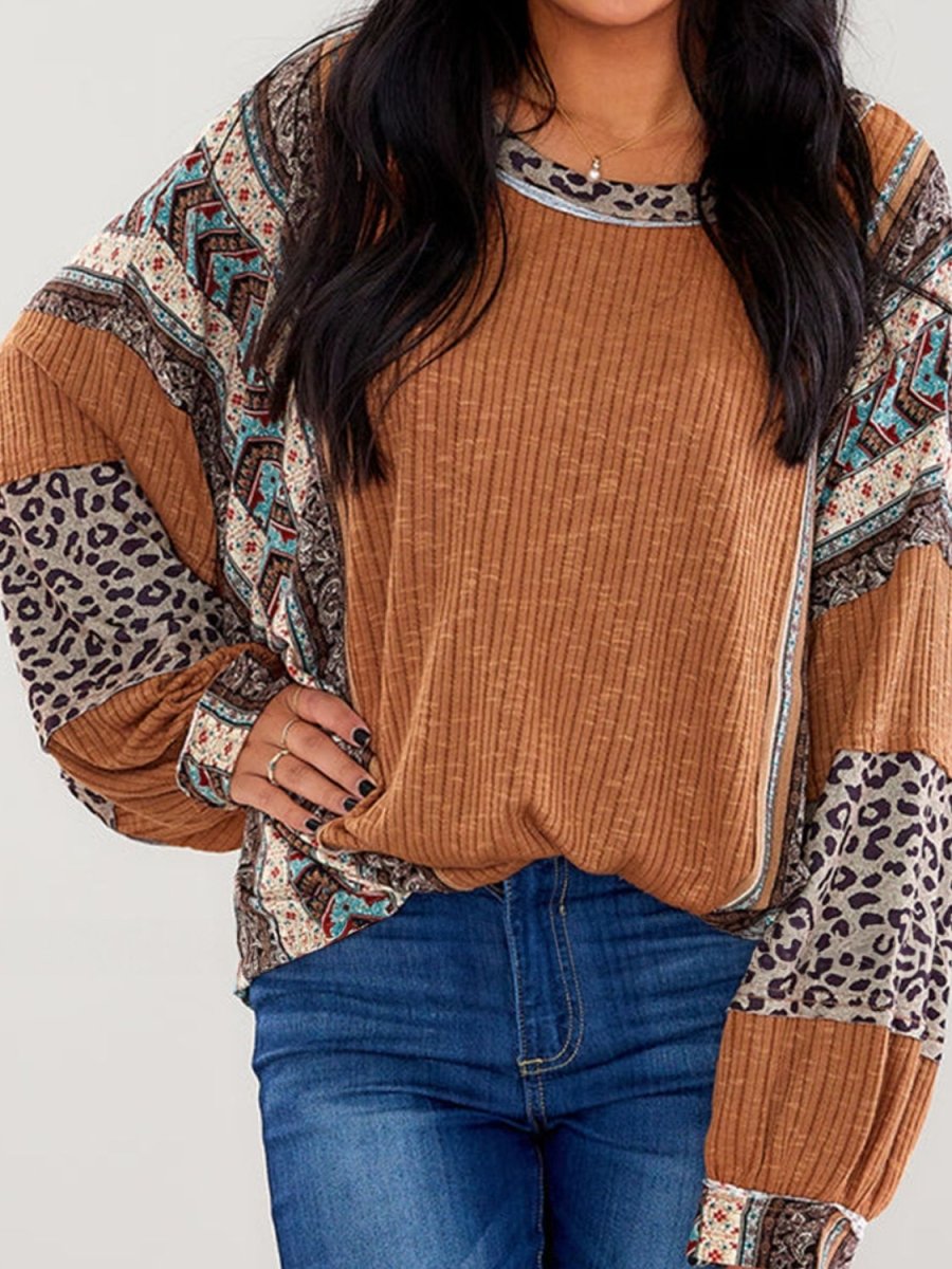 Leopard Round Neck Long Sleeve Sweatshirt - S. M. & Co.