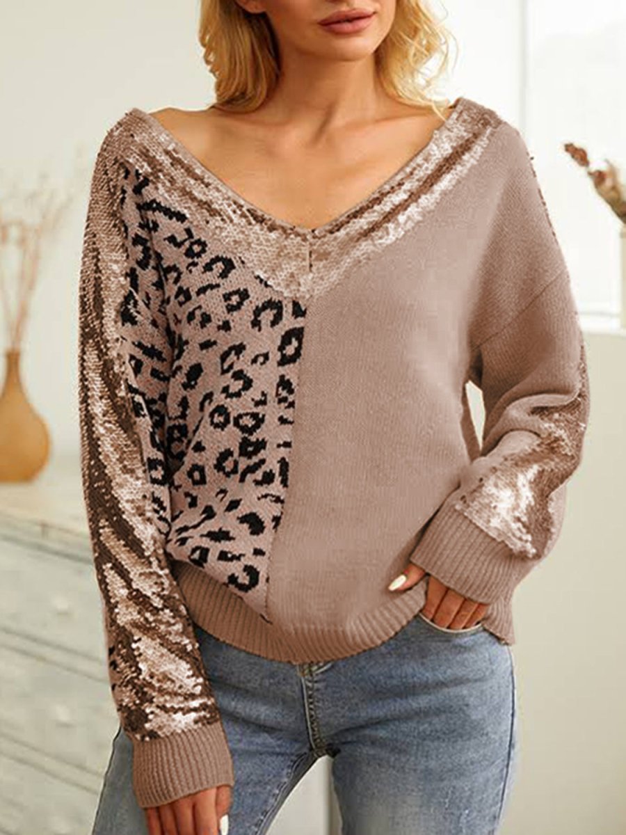 Leopard Sequin V - Neck Long Sleeve Sweater - S. M. & Co.