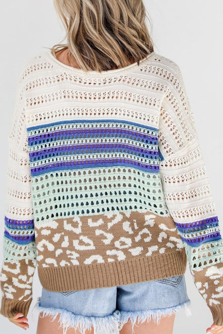 Leopard Striped Round Neck Crochet Knit Top - S. M. & Co.