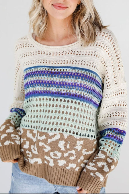 Leopard Striped Round Neck Crochet Knit Top - S. M. & Co.