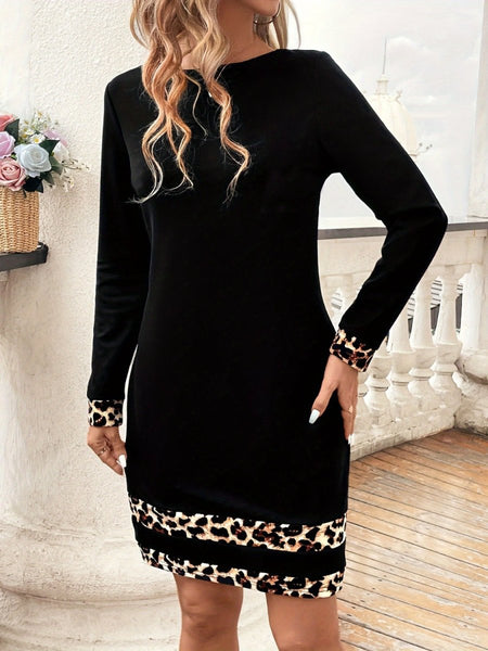 Leopard Trim Round Neck Long Sleeve Mini Dress - S. M. & Co.