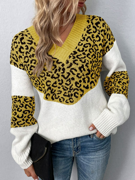 Leopard V - Neck Dropped Shoulder Sweater - S. M. & Co.